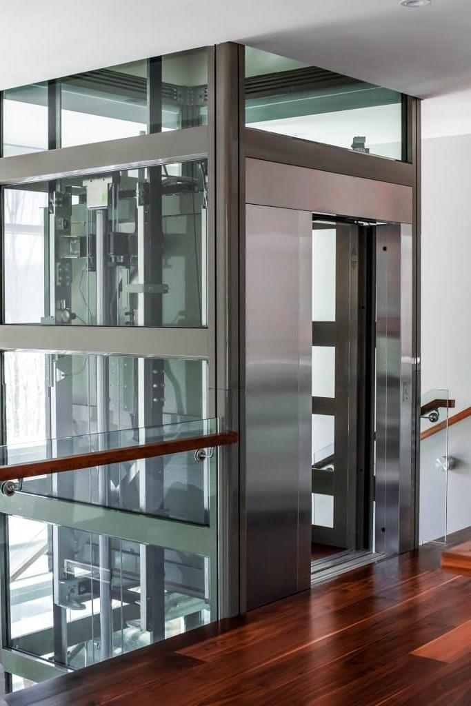 Garaventa glass elevator with metal trim